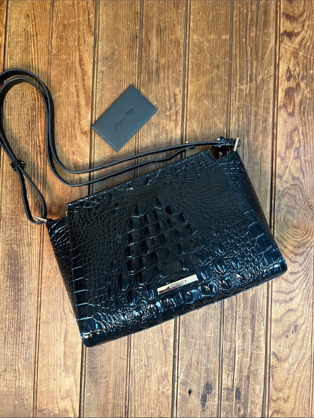 Brahmin Hillary Black Croc-Embossed Patent Leather Crossbody